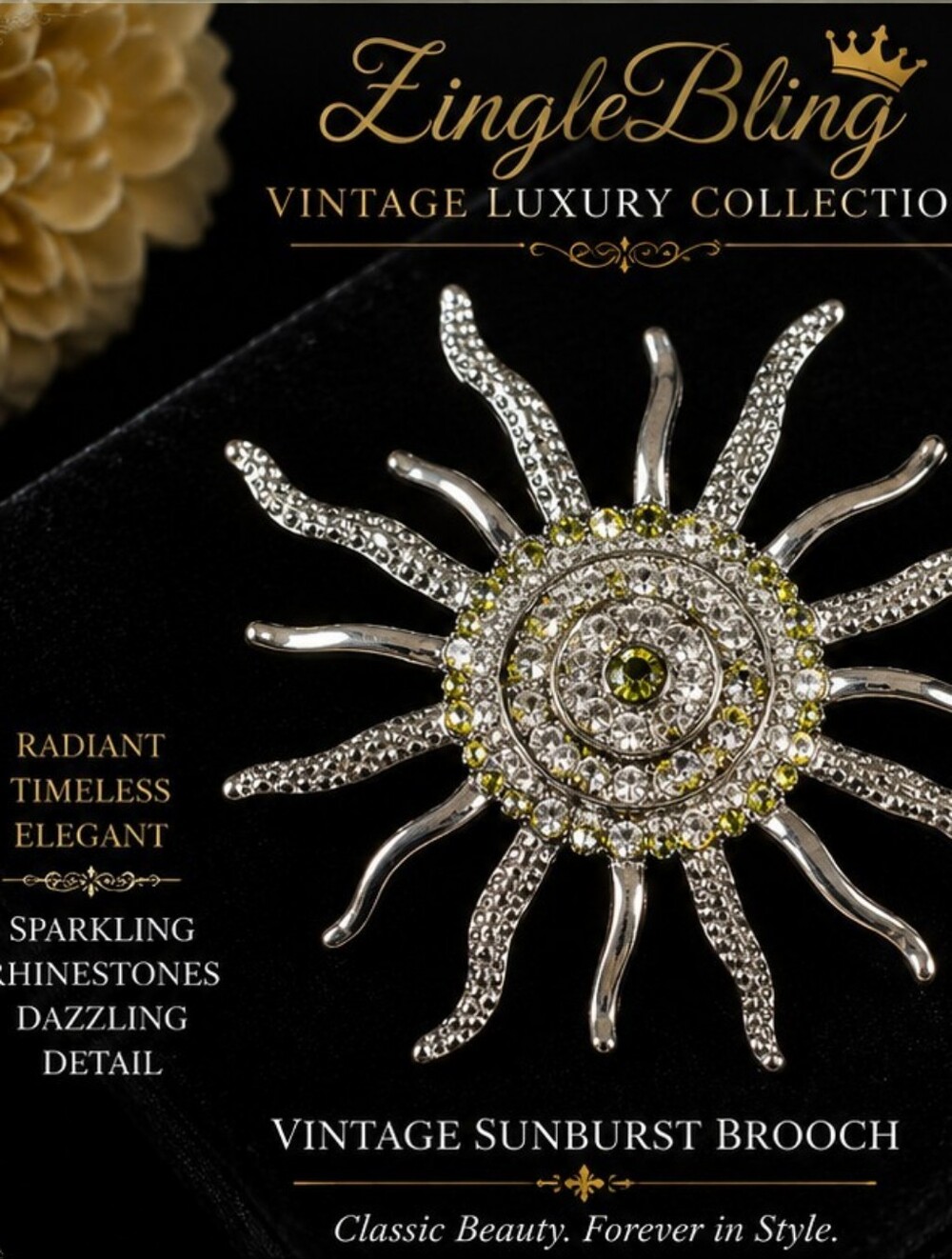 Vintage Rhinestone Sunburst Brooch Silver Tone Celestial Statement Pin